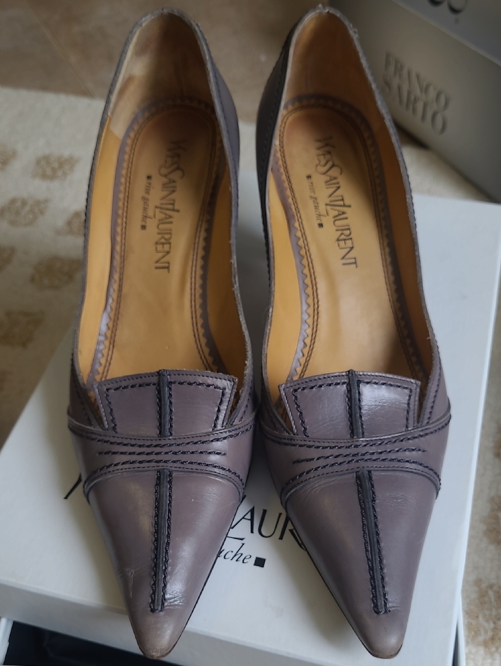 Vintage Yves Saint Laurent Pointed Toe Leather Kitten Heel Pumps in Gray - Picture 3 of 7